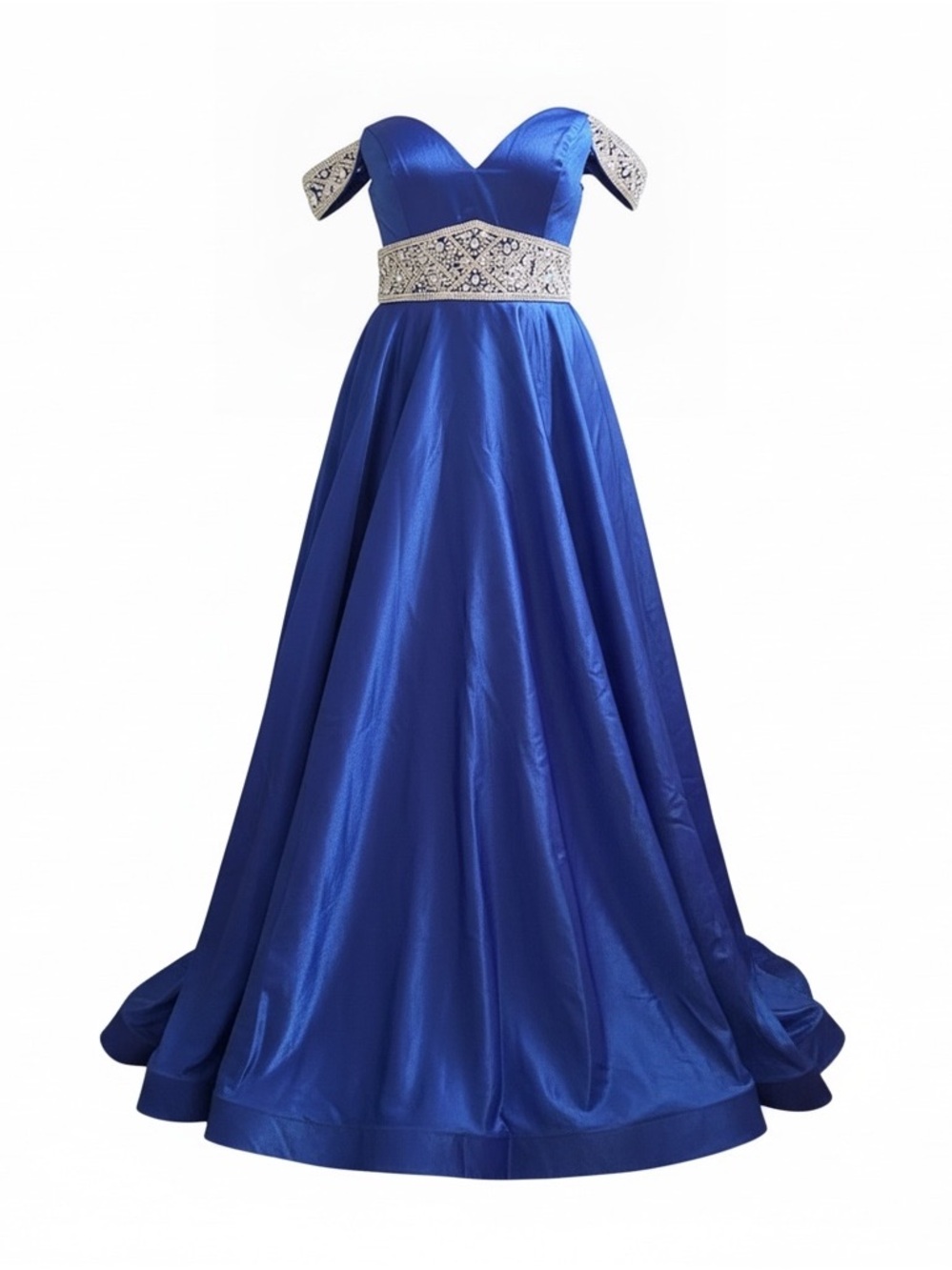 Off-Shoulder Royal Blue Prom Dress with Rhinestone Trim